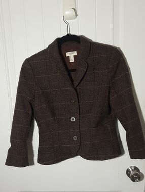Lands End Wool Blend Brown Windowpane Tweed Blazer